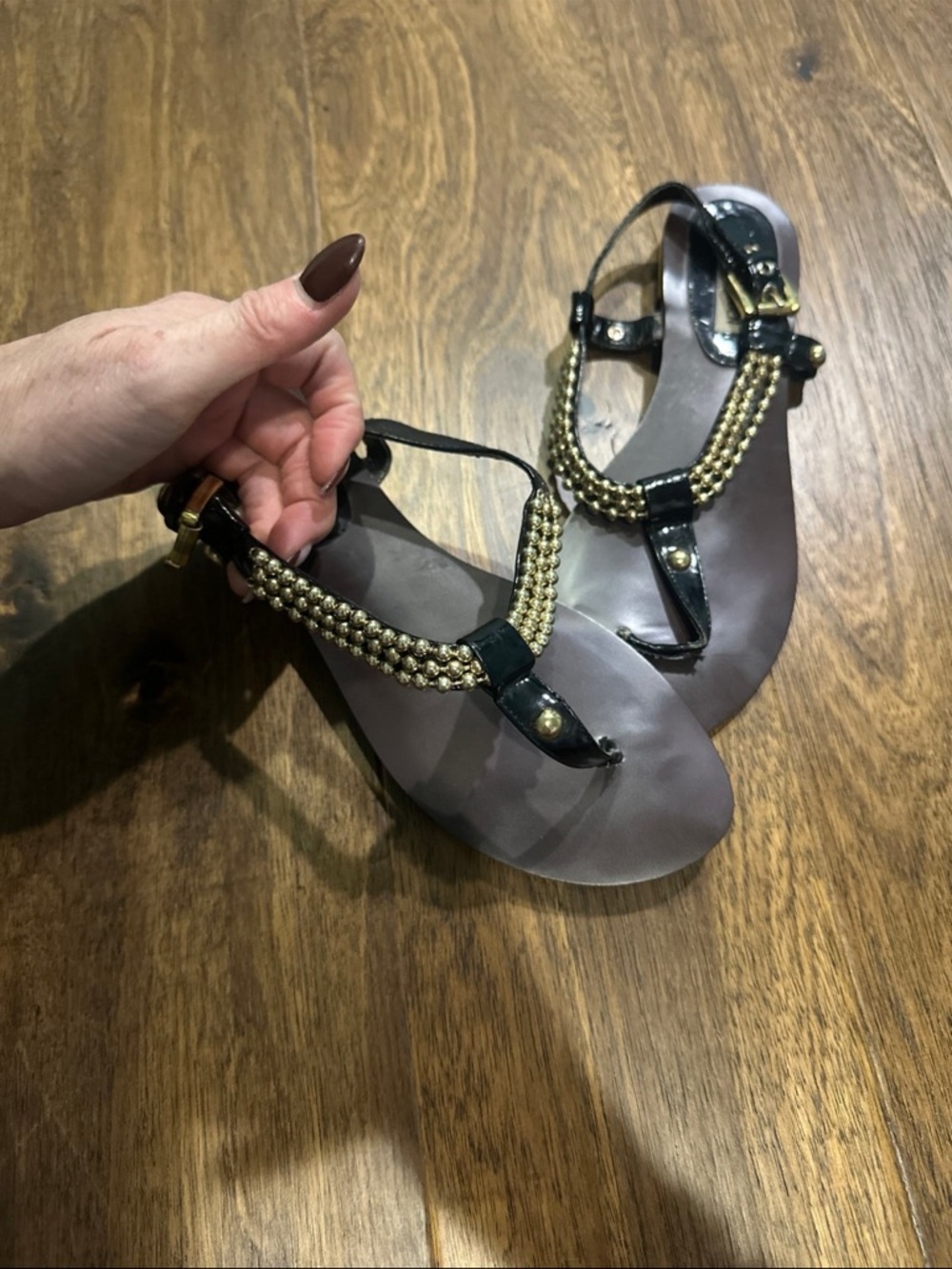 Steve Madden Black Sandals with Gold Beaded T-Strap
